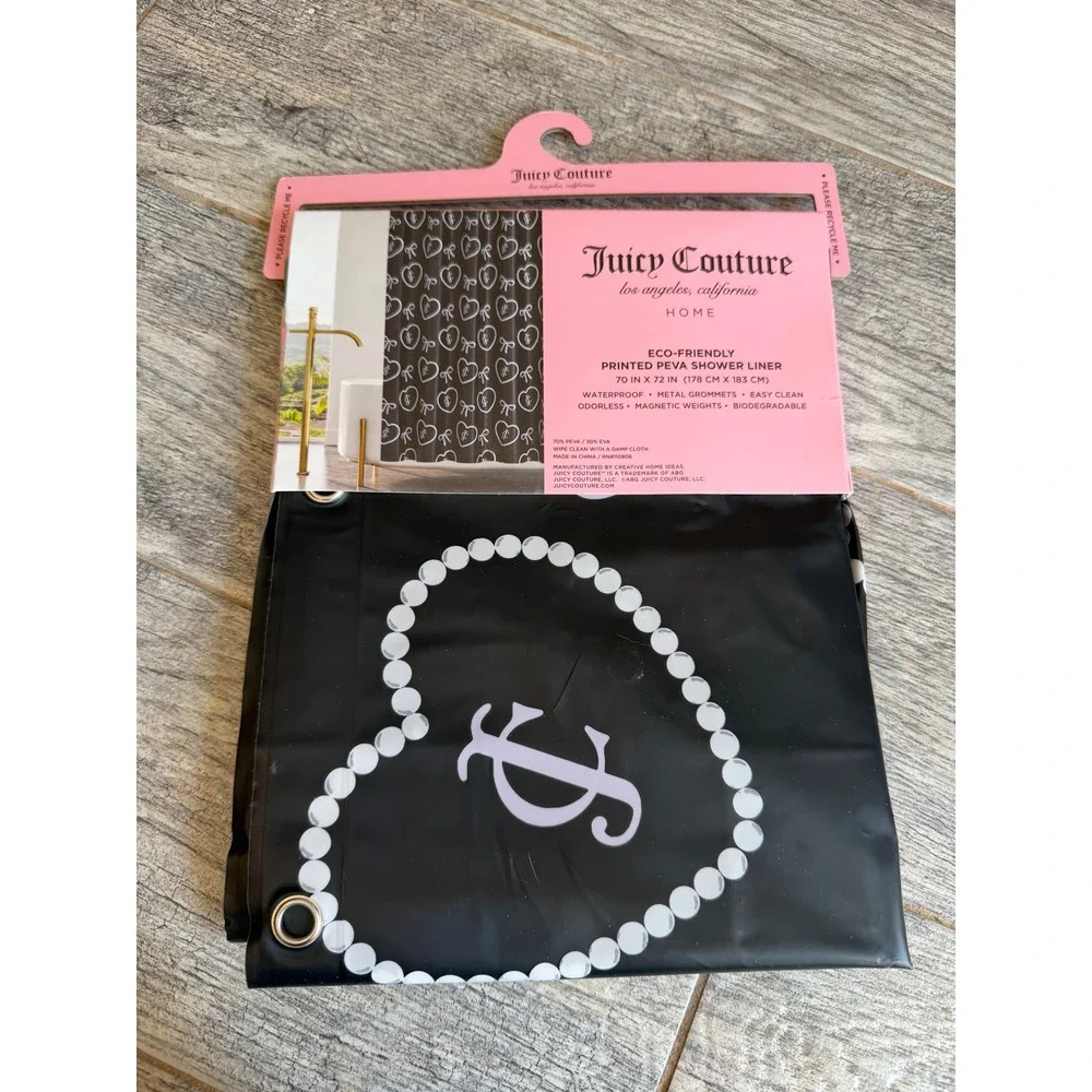 Juicy Couture Shower Curtain Liner 70x72 Black Pearl Heart Bow PEVA NWT Monogram